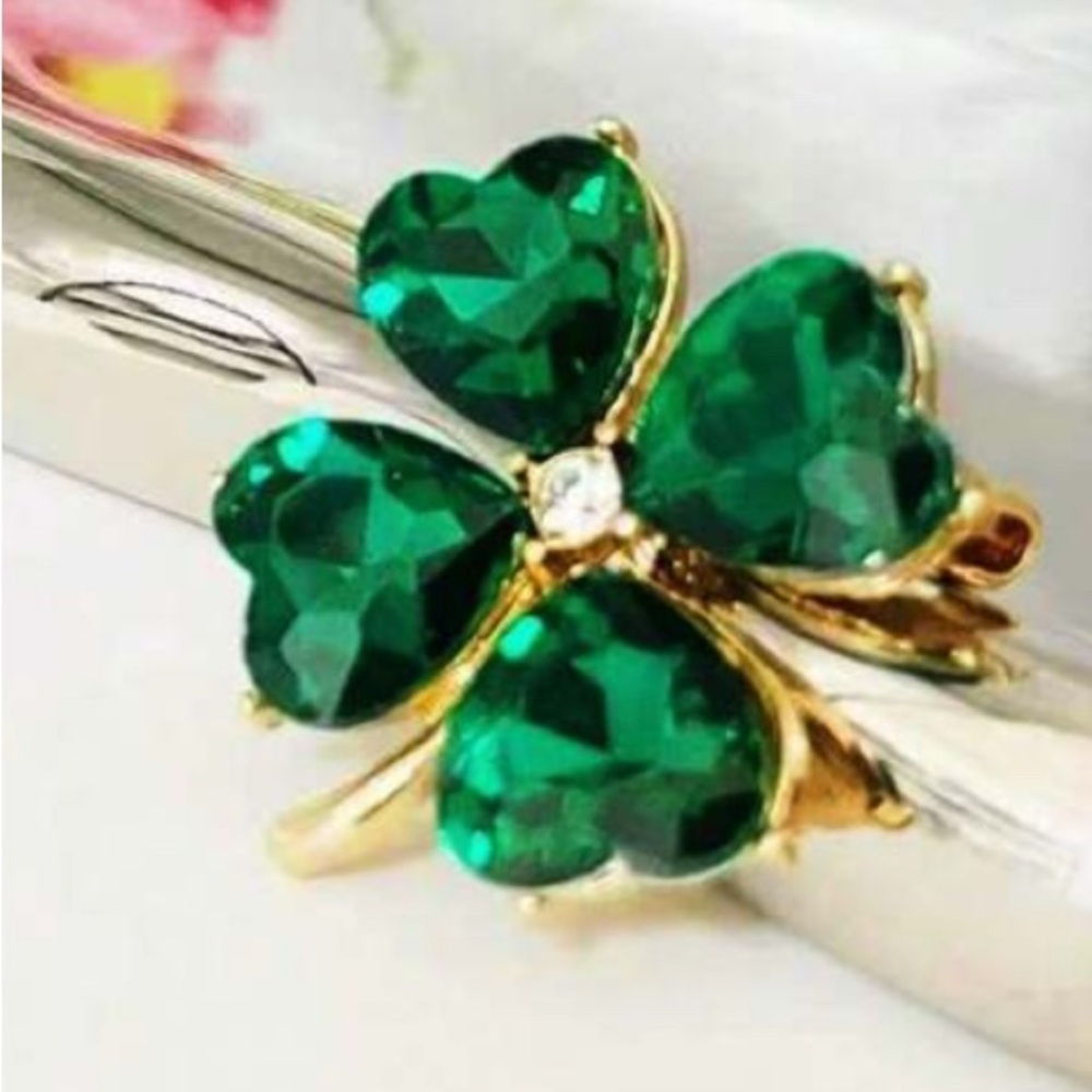 Irish Shamrock 4 Leaf Clover St Patrick's Day Lucky Green Rhinestone Brooch
